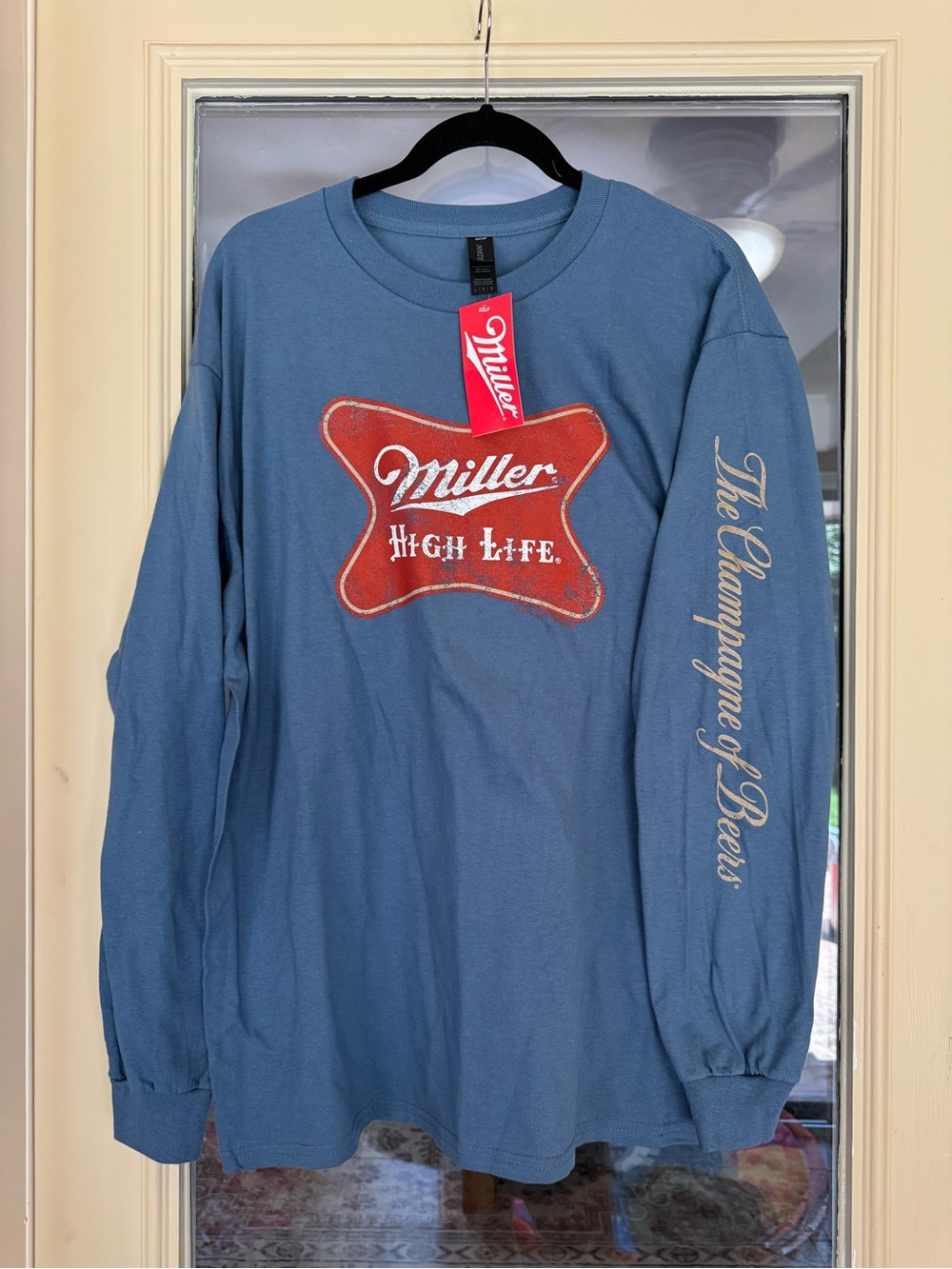 Miller High Life Long Sleeve Graphic Tee Blue Large NWT Champagne of Beers